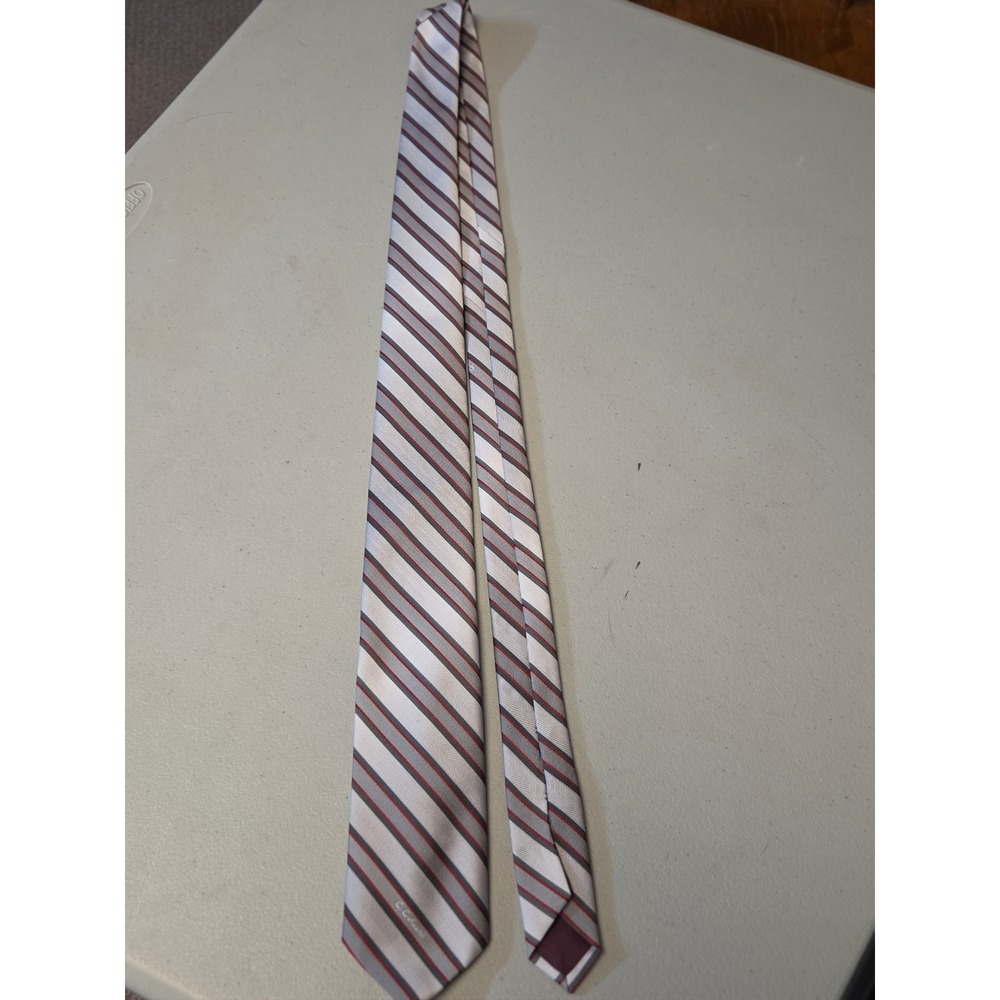 Vintage G. Galvani Mens Striped Silk Necktie Grey Red Silver Herringbone Pattern